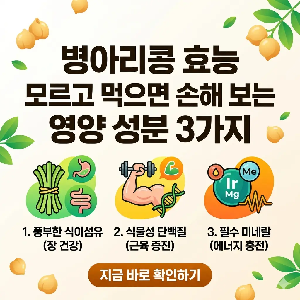 병아리콩의 3가지 핵심 영양 성분과 효능을 강조하는 밝은 톤의 1:1 인포그래픽 썸네일.