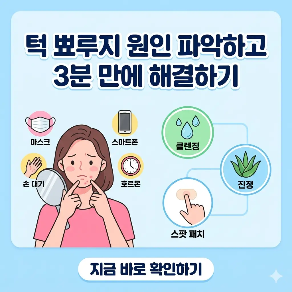 거울을 보며 턱 뾰루지를 걱정하는 여성과 원인 분석 그래픽, 그리고 3분 해결법 텍스트가 담긴 1:1 썸네일 이미지.