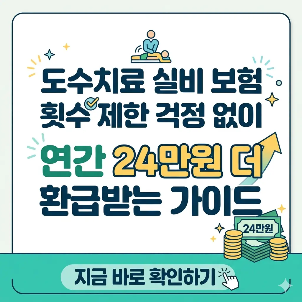 도수치료 실비 보험 횟수 제한 걱정을 해결하고 연간 24만원 더 환급받는 가이드를 소개하는 1:1 비율의 밝은 썸네일 이미지입니다.