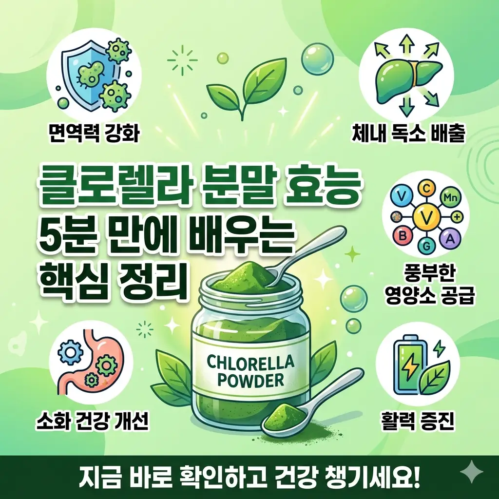 녹색 클로렐라 분말이 담긴 스푼과 함께 다양한 효능을 나타내는 아이콘이 그려진 건강 썸네일 이미지