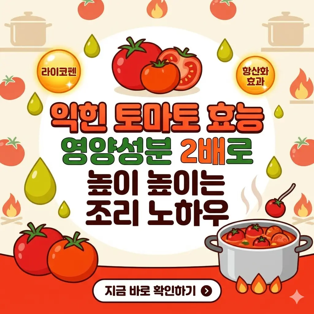 익힌 토마토의 효능과 영양성분을 높이는 조리 노하우를 시각적으로 요약한 1:1 썸네일 이미지입니다.