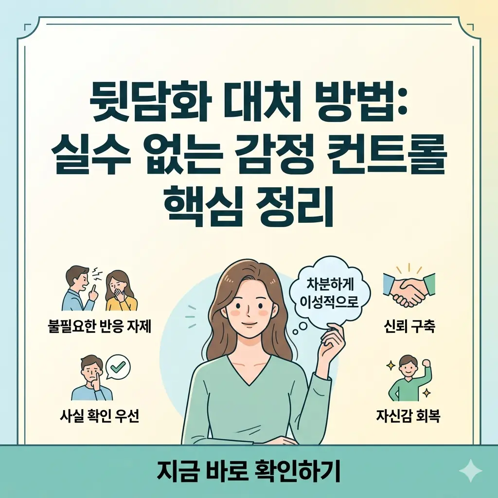 차분한 여성이 뒷담화로 인한 감정을 조절하며 상황에 대처하는 방법을 안내하는 썸네일 이미지.
