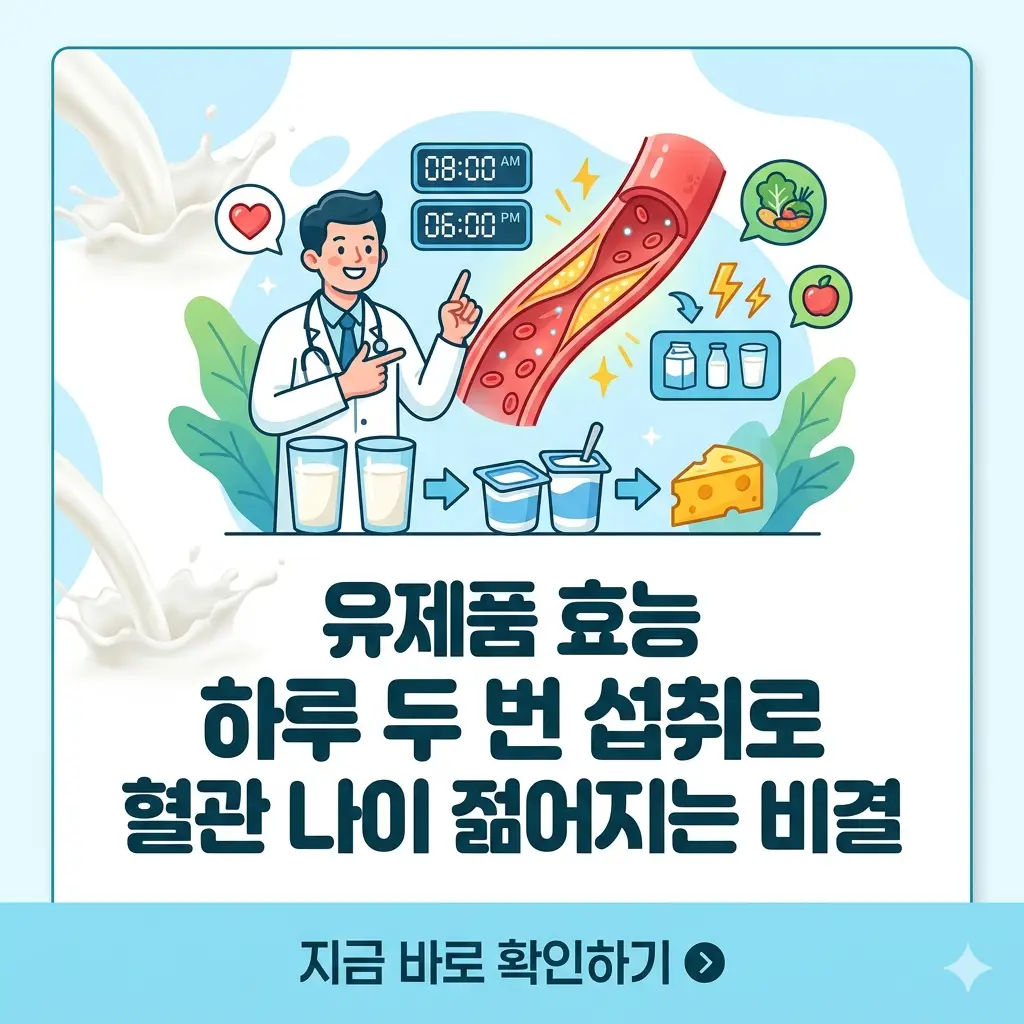하루 두 번 유제품 섭취로 혈관 나이를 젊고 건강하게 개선하는 방법을 설명하는 썸네일 이미지.