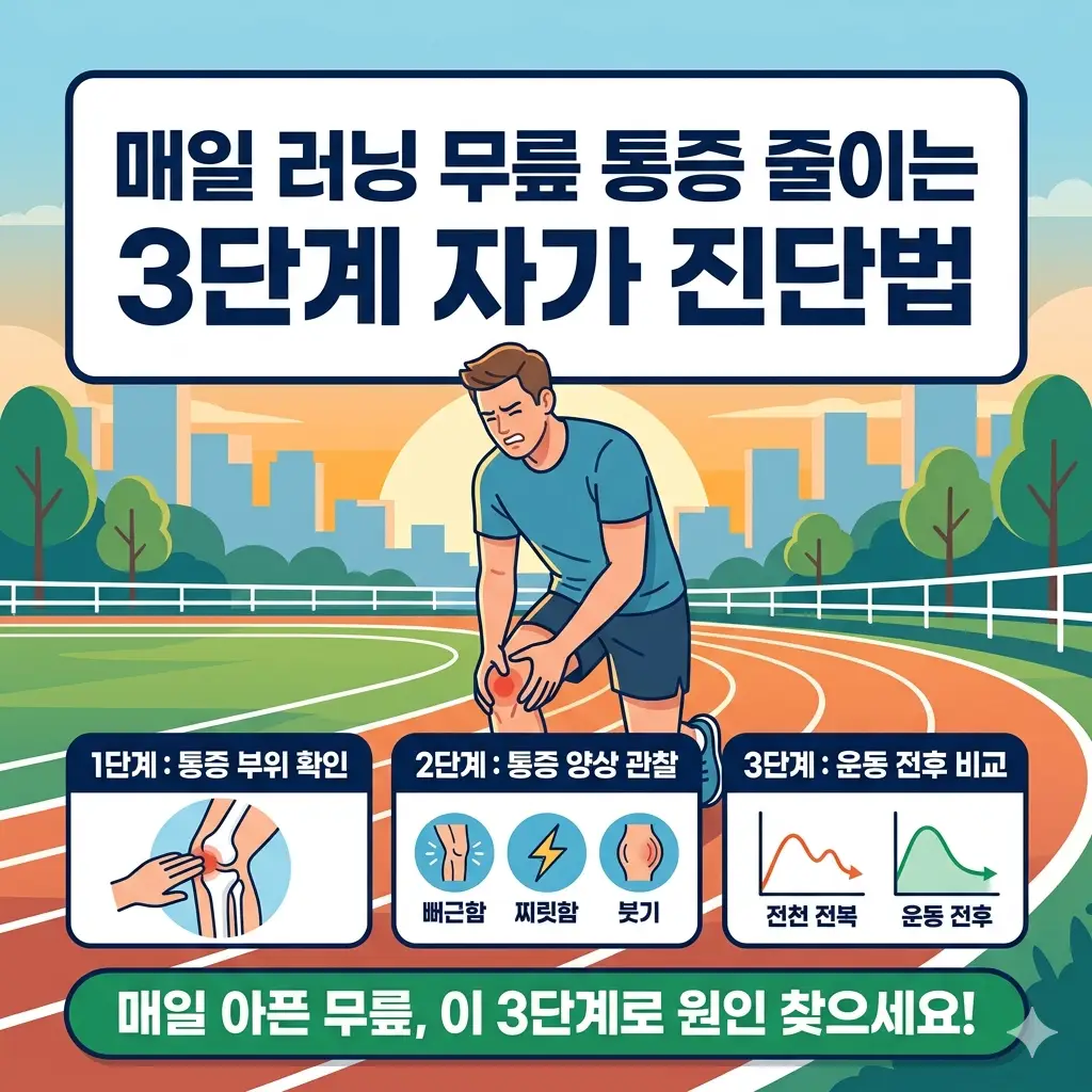 러닝머신 위에서 무릎 통증을 느끼며 멈춰 선 남성 러너와 그 원인을 찾기 위해 무릎 관절의 상태를 보여주는 인포그래픽 썸네일 이미지