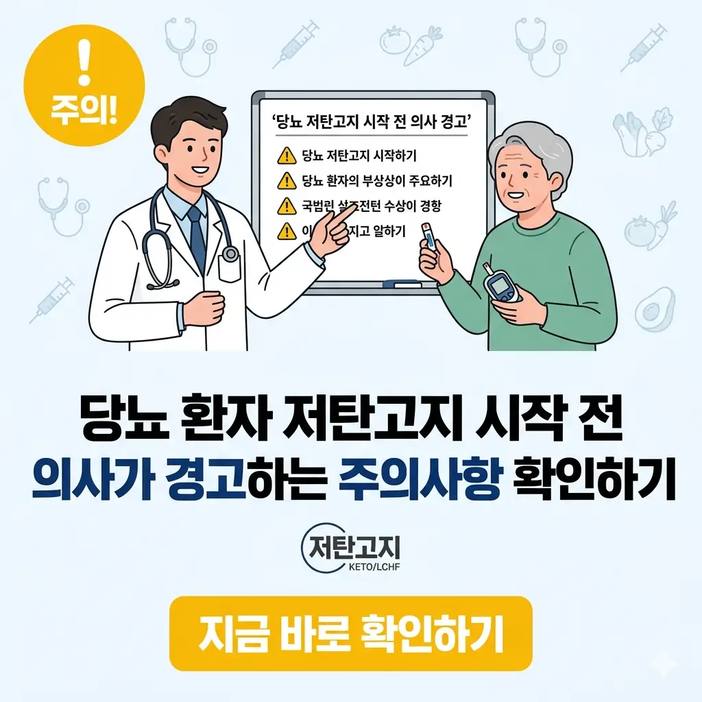 의사가 당뇨 환자에게 저탄고지 식단 시작 전 필수 주의사항을 경고하는 모습을 담은 1:1 이미지입니다.
