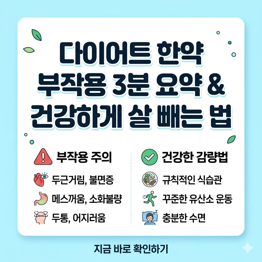 다이어트 한약 부작용을 경고하고 건강한 체중 감량 방법을 안내하는 스마트폰 화면 정보 그래픽 이미지.