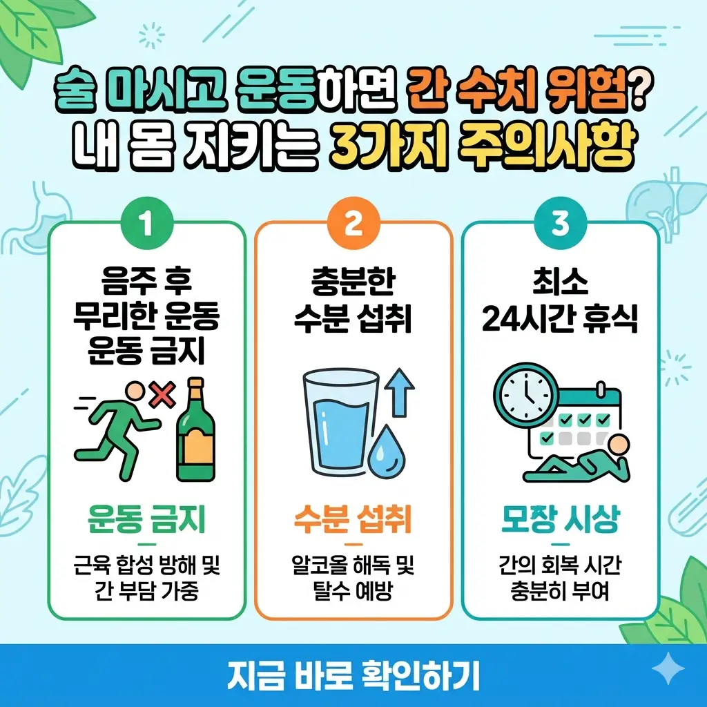 술을 마시고 운동하면 나타나는 간 수치 상승 위험과 이를 예방하기 위한 3가지 주의사항을 요약한 카드 뉴스 형식의 이미지입니다.