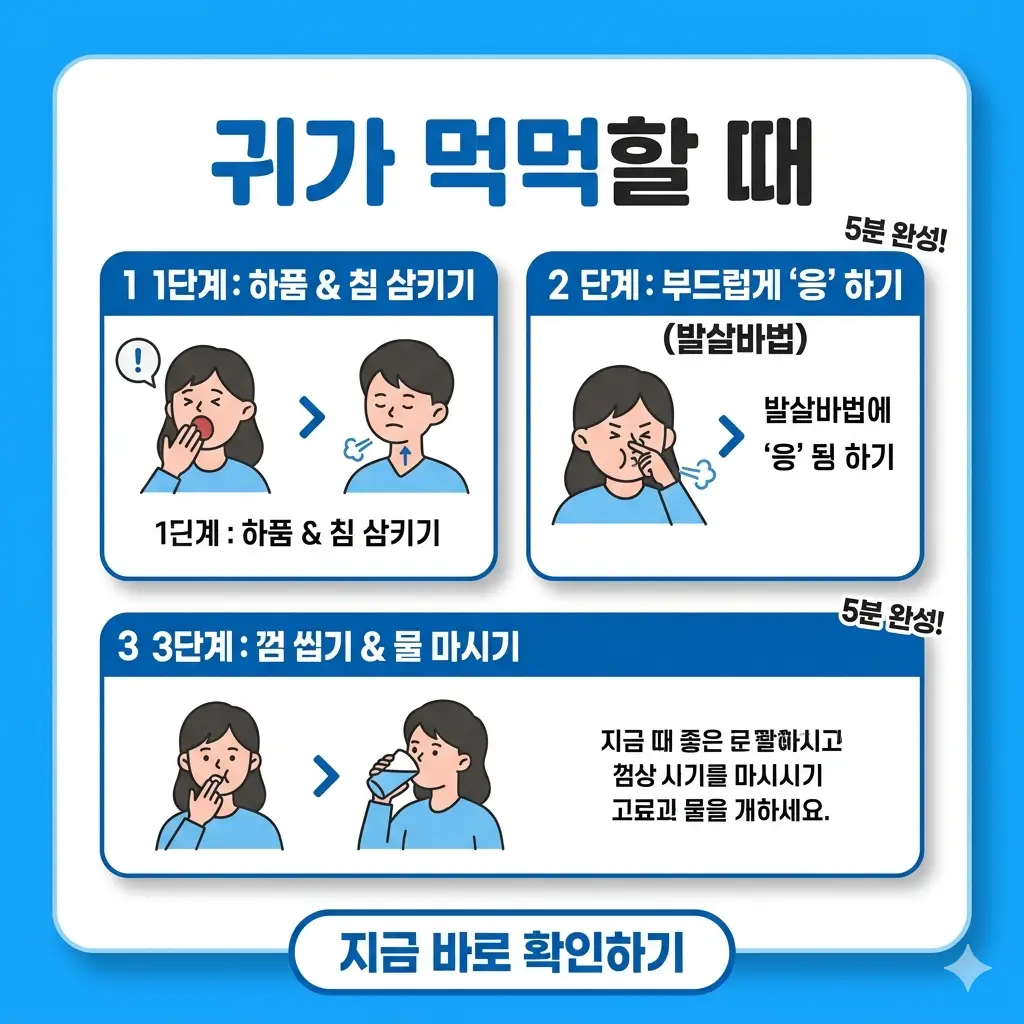귀가 먹먹할때 5분 만에 압력 낮추는 단계별 가이드 1 귀가 먹먹할 때 5분 만에 압력을 낮추는 단계별 가이드를 설명하는 인포그래픽형 썸네일 이미지.