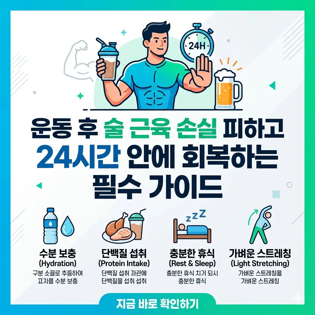 운동 후 음주로 인한 근육 손실 예방과 24시간 내 빠른 회복 방법을 안내하는 가이드 썸네일.