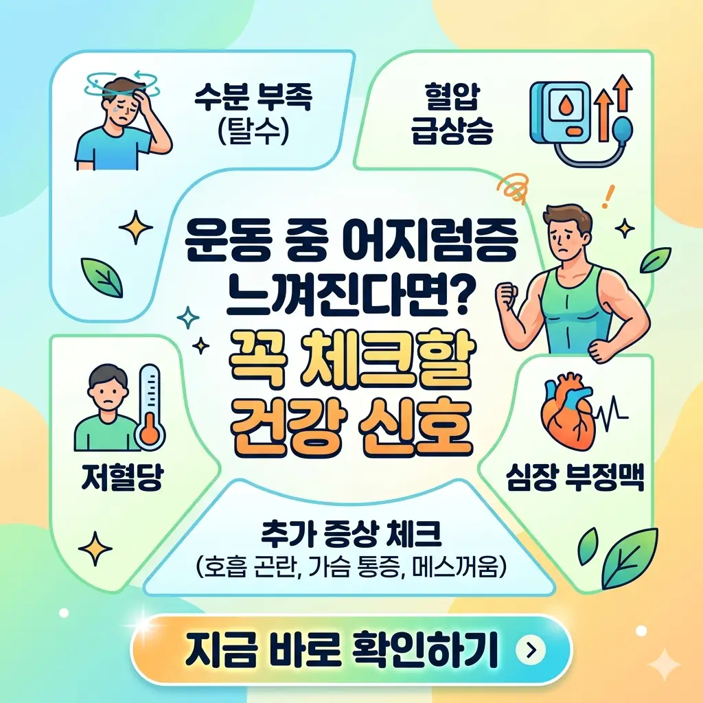 운동 중 어지럼증을 느꼈을 때 주의가 필요한 건강 신호와 체크포인트를 설명하는 정보성 이미지.