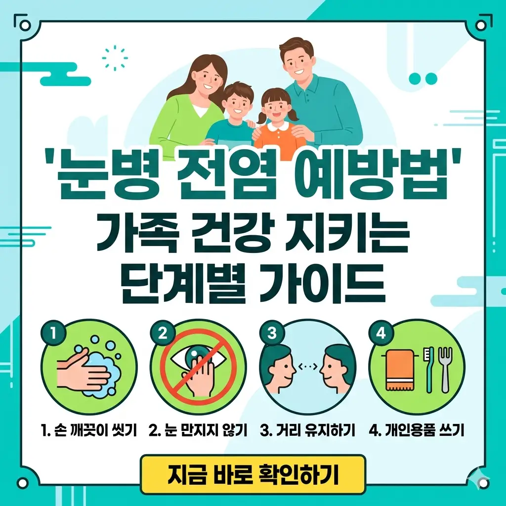 눈병 전염 예방법을 안내하는 4단계 아이콘과 가족의 밝은 모습을 담은 포스터 형태의 썸네일.