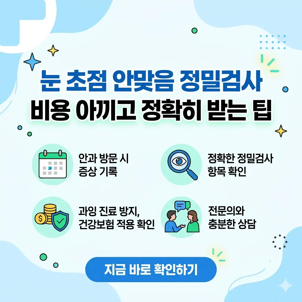 눈 초점 안 맞음 증상의 원인을 찾는 정밀검사 비용을 아끼고 정확하게 받는 팁을 소개하는 카드 뉴스 스타일 이미지.