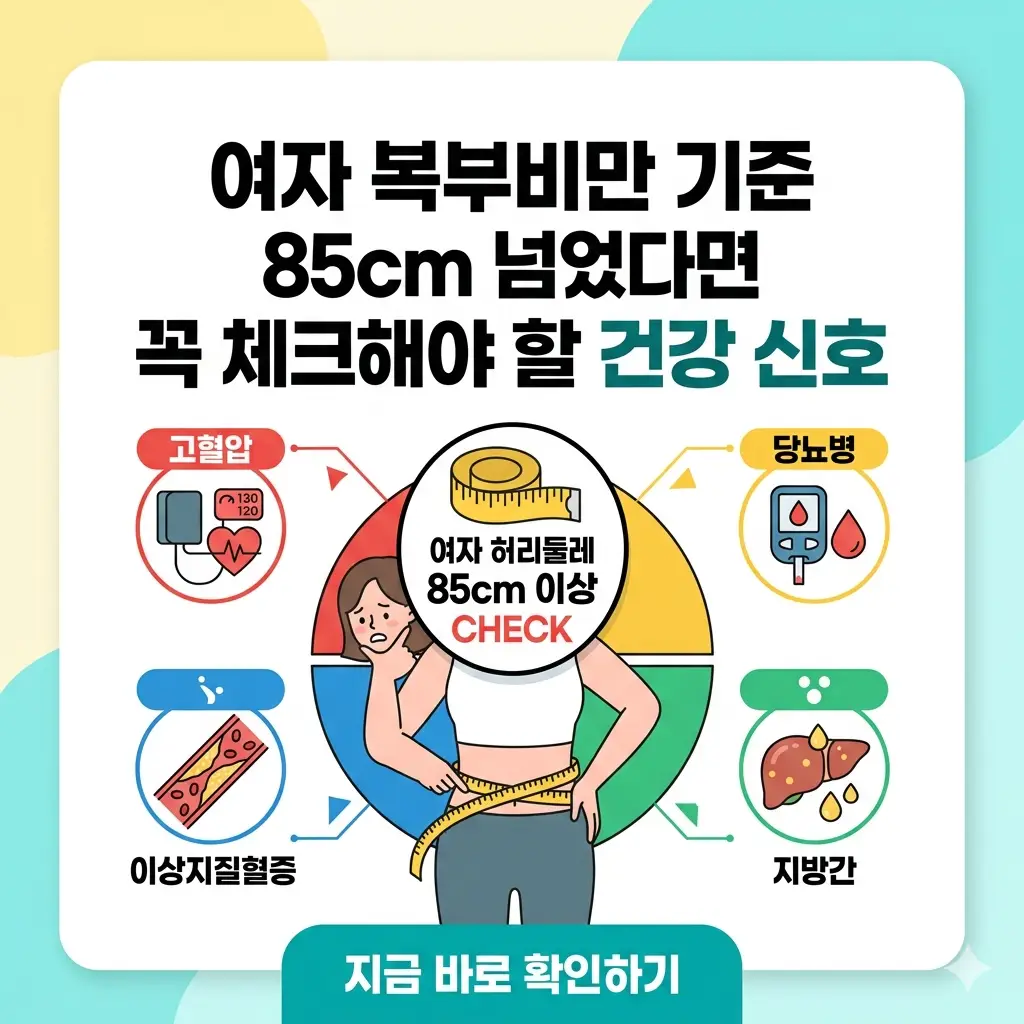여자 복부비만 기준 85cm 체크 포인트와 4가지 주요 건강 위험 신호를 설명하는 인포그래픽 썸네일.
