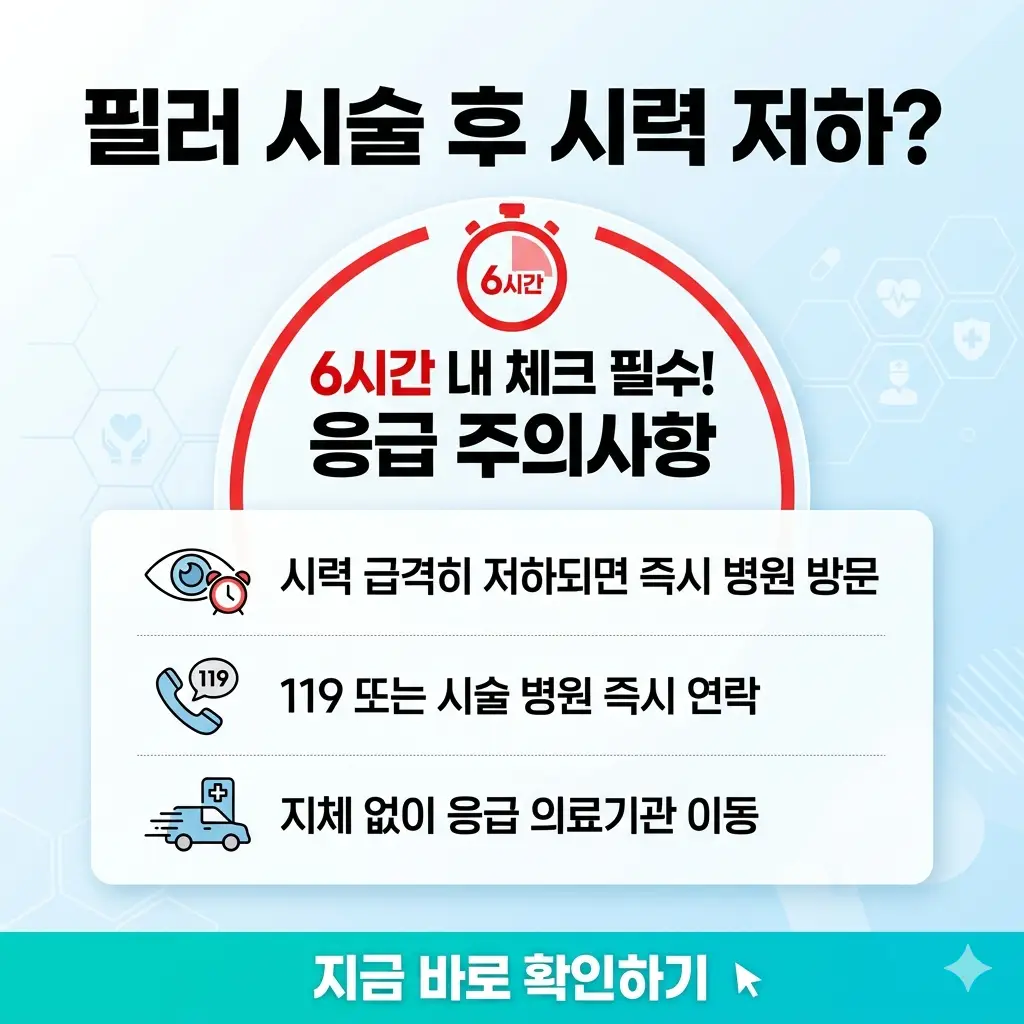 필러 시술 후 시력 저하 발생 시 6시간 내 즉시 체크해야 할 핵심 주의사항과 응급 대처법을 안내하는 인포그래픽 썸네일.