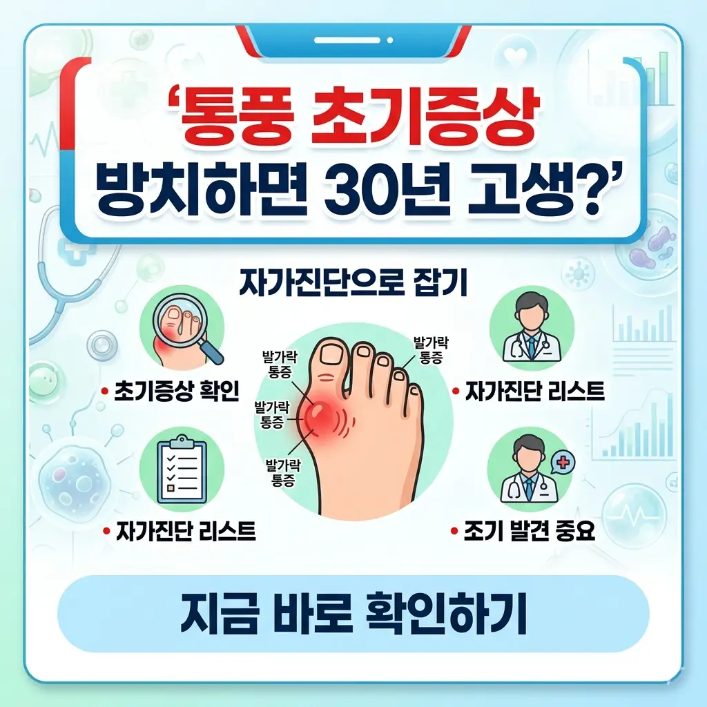 통풍 초기증상 자가진단으로 발가락 통증을 잡는 방법을 설명하는 정보성 이미지.