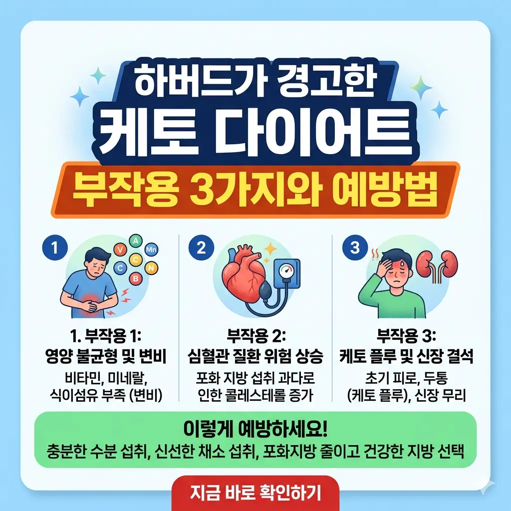 하버드가 경고하는 케토 다이어트의 부작용 3가지와 이를 예방하는 방법을 설명하는 정보성 카드뉴스 이미지.