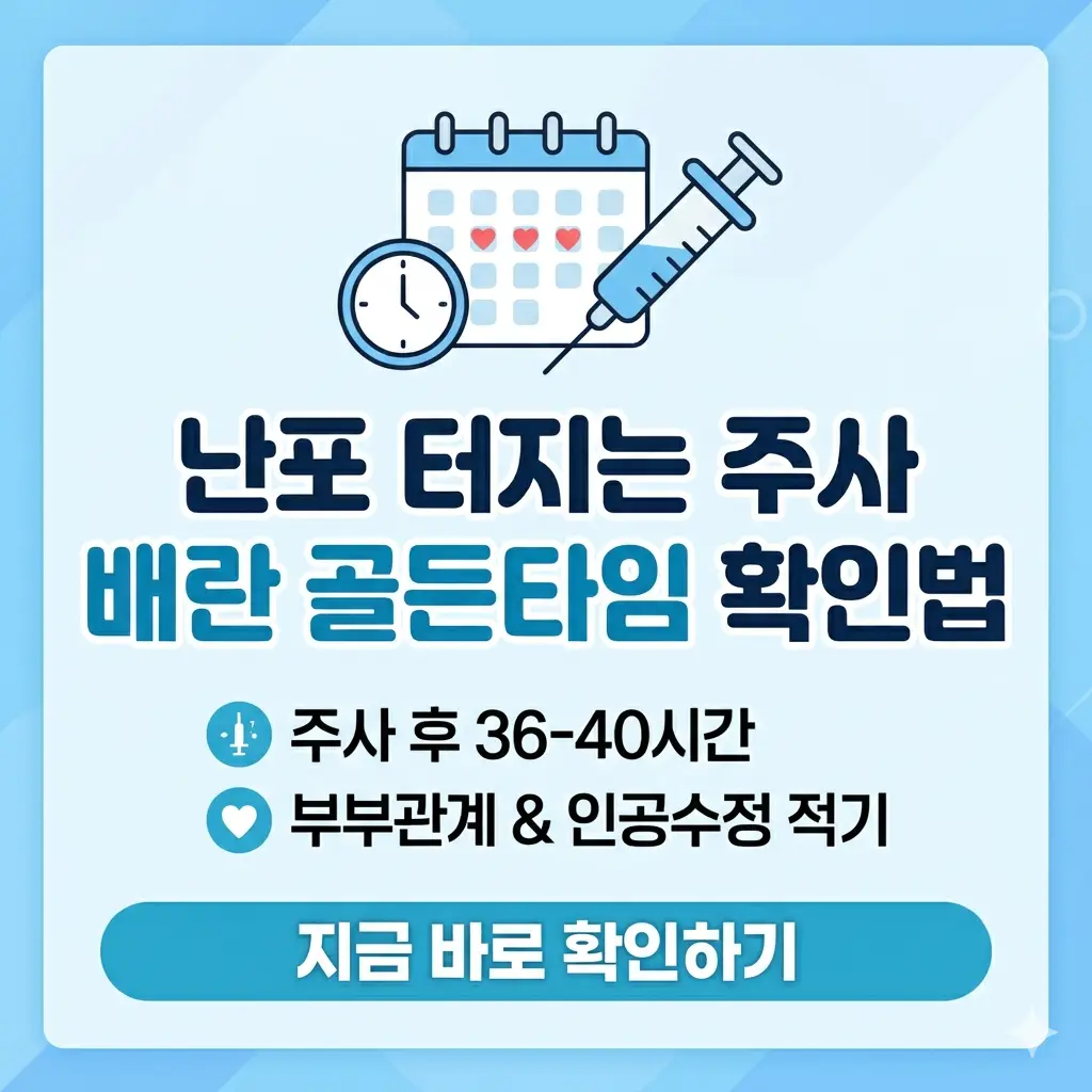 난포 터지는 주사 후 최적의 부부관계 및 인공수정 시기를 달력과 시계 아이콘으로 시각화하여 배란 시기를 놓치지 않도록 안내하는 썸네일 이미지.