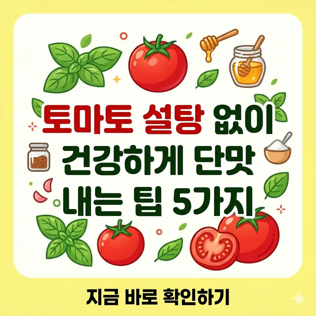 설탕 대신 건강한 단맛을 내는 토마토 요리 팁 5가지를 소개하는 밝은 톤의 1:1 썸네일 이미지입니다.
