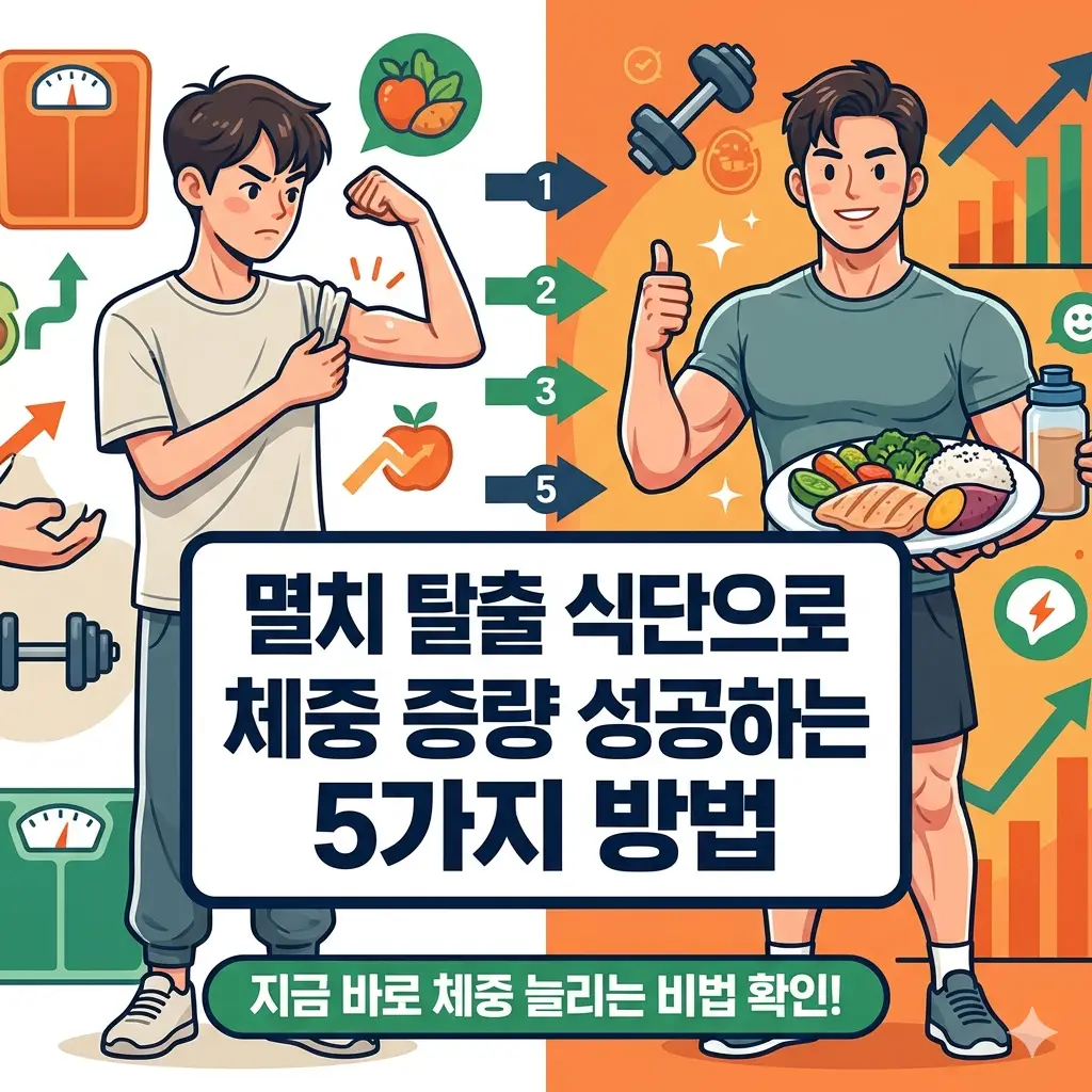 마른 사람이 건강한 식단과 운동을 통해 균형 잡힌 근육질 몸매로 변신하며 체중 증량에 성공하는 과정을 보여주는 인포그래픽 썸네일