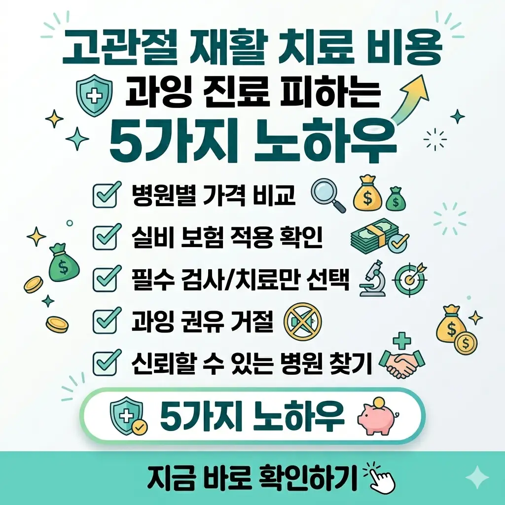 고관절 재활 치료 비용의 과잉 진료를 피하고 합리적인 병원을 선택하는 5가지 노하우를 안내하는 1:1 비율의 썸네일입니다.