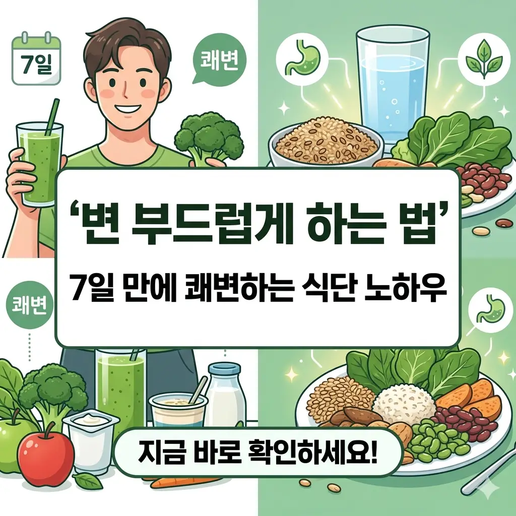 쾌변을 도와주는 식이섬유 풍부한 채소, 과일, 요거트 식단과 건강한 남성을 보여주는 7일간의 변 부드럽게 하는 법 썸네일 이미지