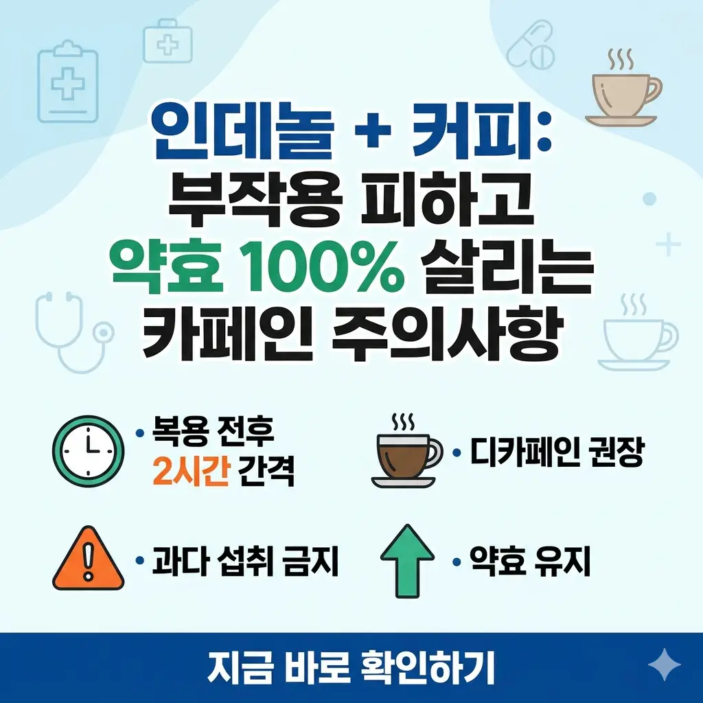인데놀 복용 시 커피 부작용을 피하고 약효를 높이는 카페인 섭취 주의사항을 정리한 정보성 썸네일 이미지.