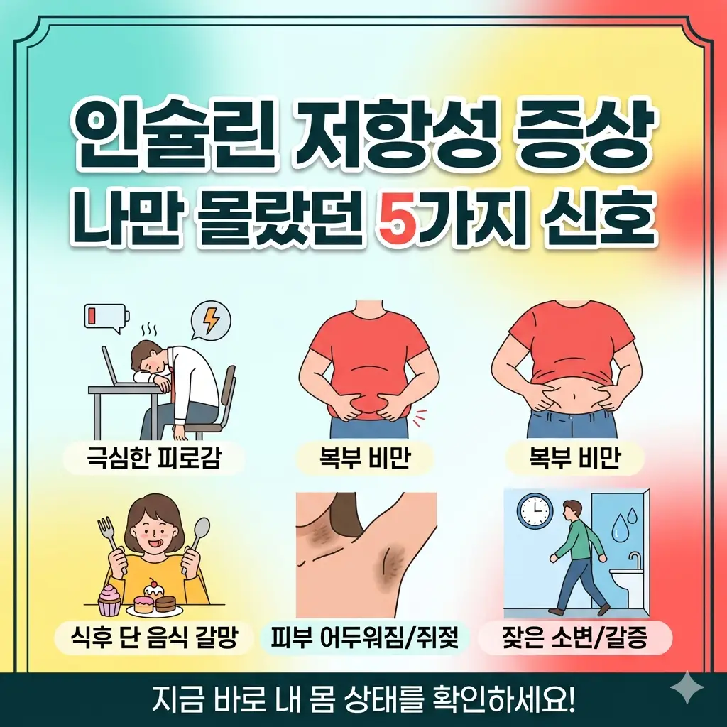 인슐린 저항성을 알리는 5가지 신체적 신호를 시각적으로 요약한 썸네일 이미지