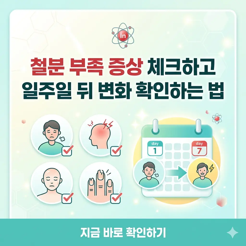 철분 부족을 알리는 증상 픽토그램과 '일주일 뒤 변화 확인'이라는 문구가 명확하게 새겨진 1:1 비율의 썸네일 이미지.