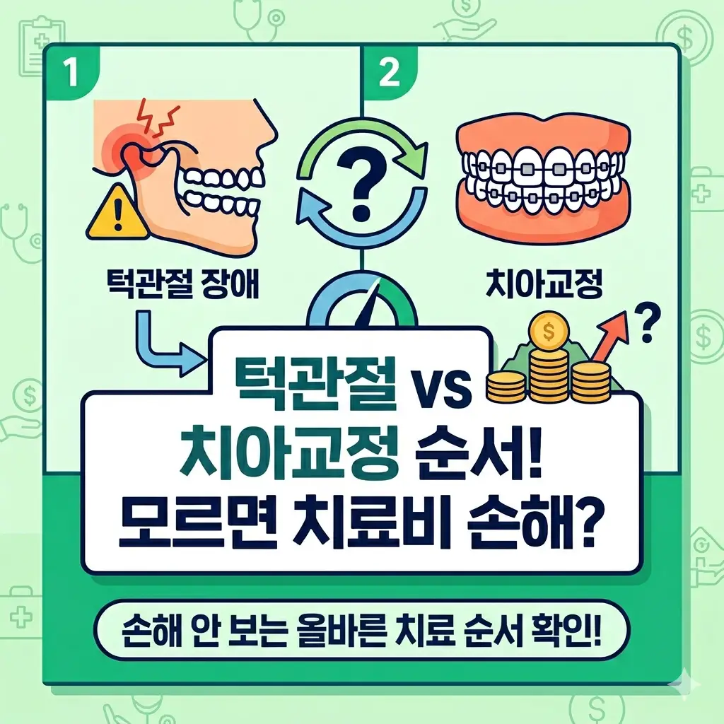 턱관절 치료와 치아교정의 올바른 순서를 모를 때 발생할 수 있는 매달 추가 치료비 손해와 치료 기간 연장의 위험을 시각적으로 설명하는 치과 건강 인포그래픽 썸네일