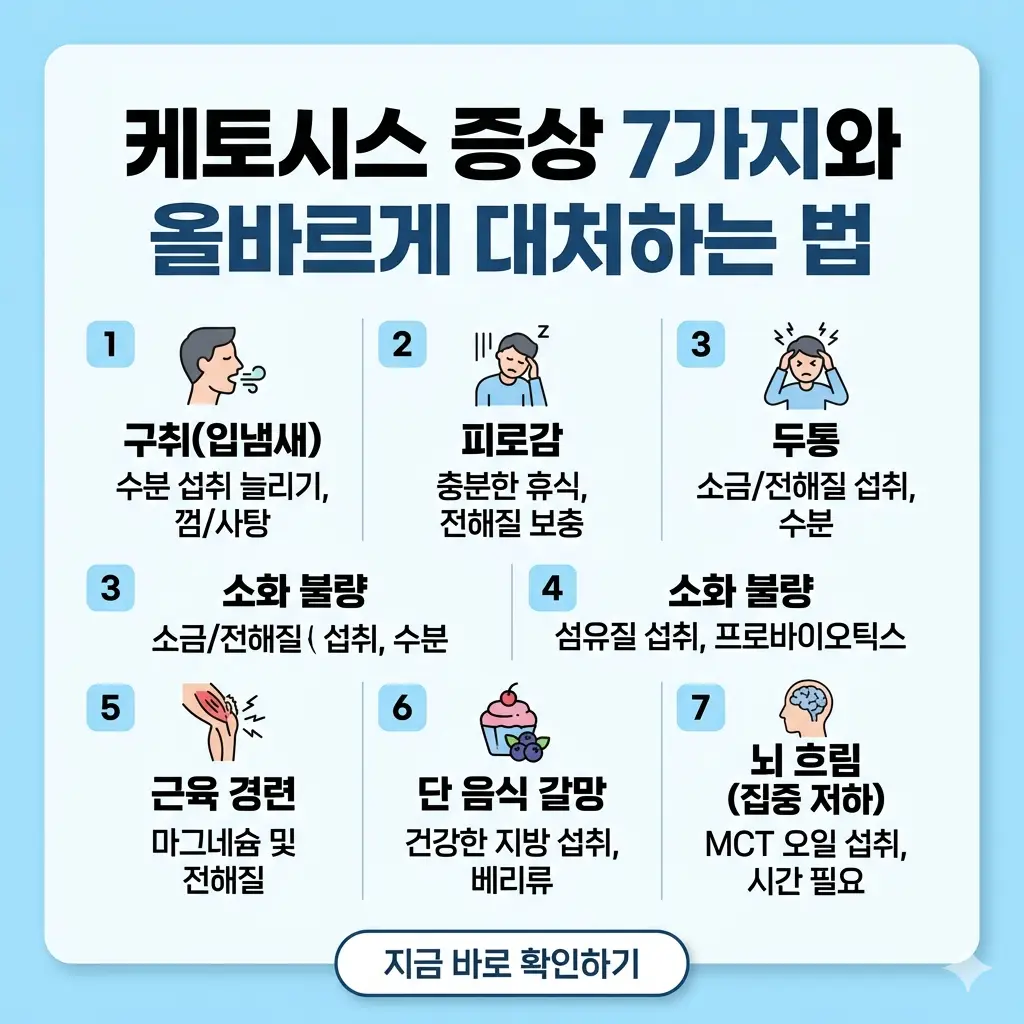 케토시스 상태의 7가지 주요 증상과 올바른 대처법을 요약하여 시각화한 1:1 비율의 정보성 썸네일 이미지.