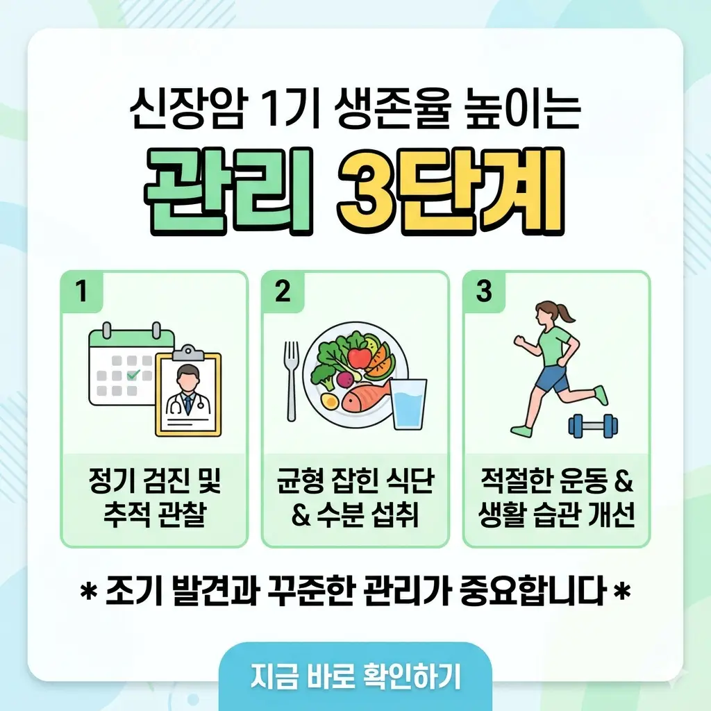 신장암 1기 생존율 향상을 위한 3단계 관리법을 설명하는 밝은 톤의 썸네일 이미지.