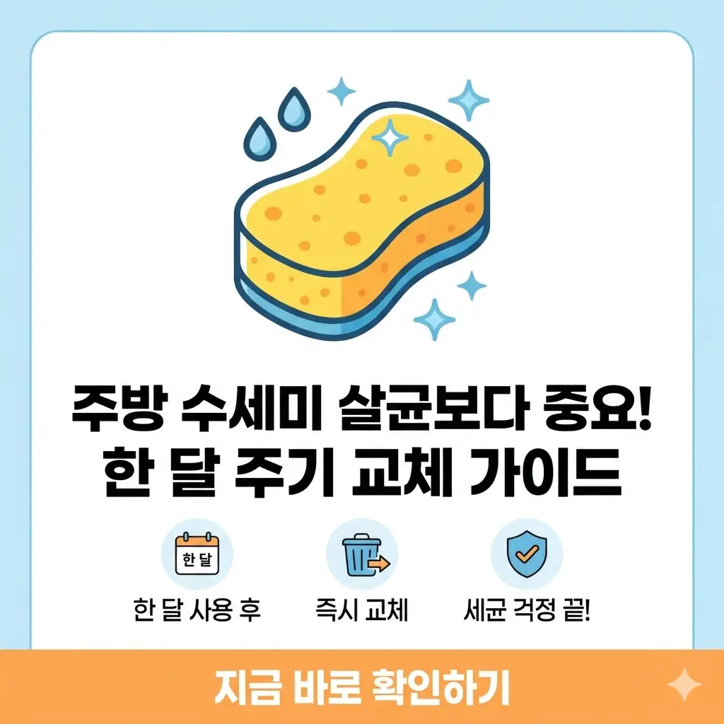 세균 번식 예방을 위해 한 달에 한 번 수세미를 교체해야 한다는 가이드 썸네일.