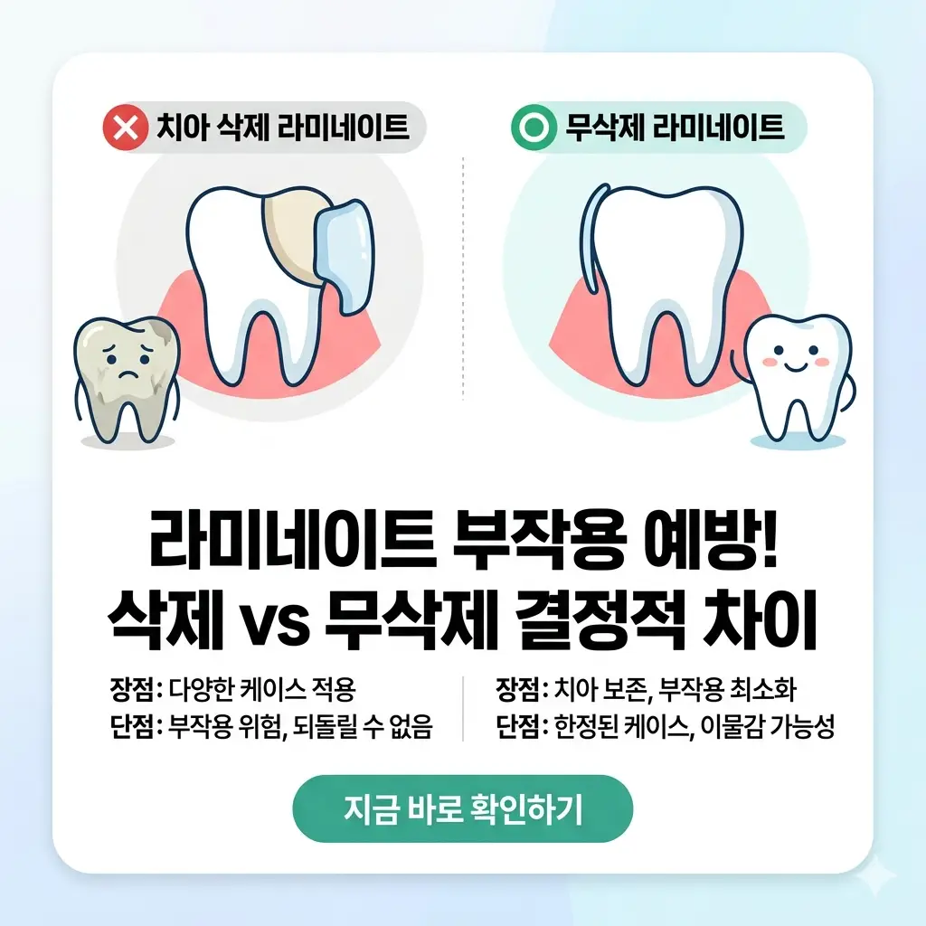 라미네이트 시술 전 필수 확인! 치아 삭제와 무삭제 라미네이트의 차이점을 명확하게 비교하는 인포그래픽 썸네일.