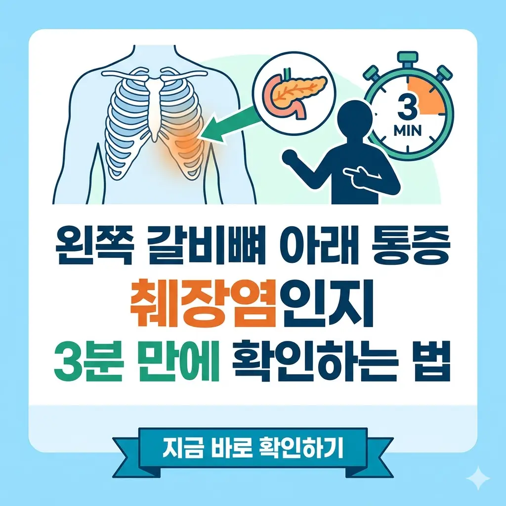 왼쪽 갈비뼈 아래 통증과 췌장염 여부를 3분 만에 확인하는 방법을 안내하는 썸네일.