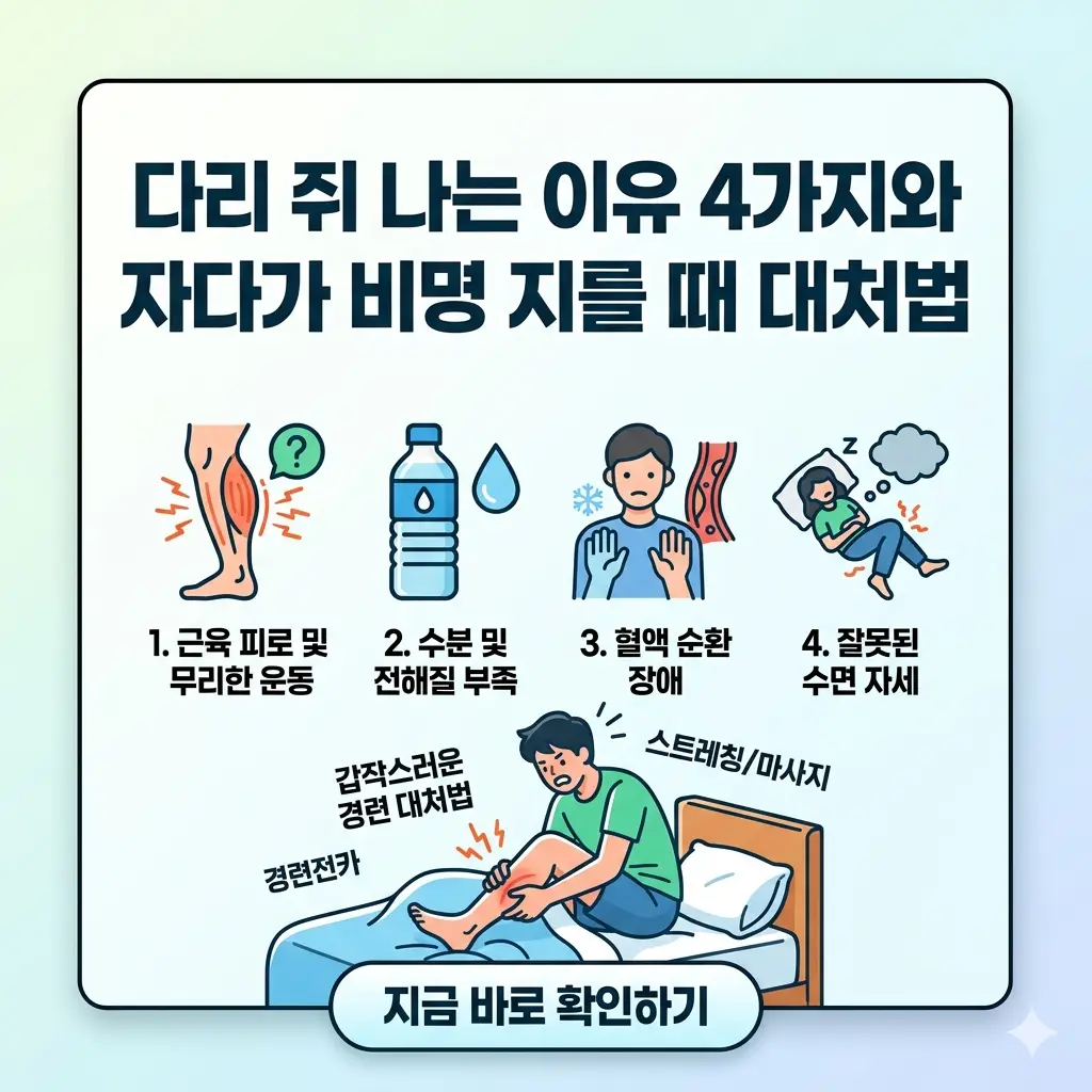 다리 쥐 나는 이유 4가지와 대처법을 설명하는 1:1 비율의 정보성 썸네일 이미지.