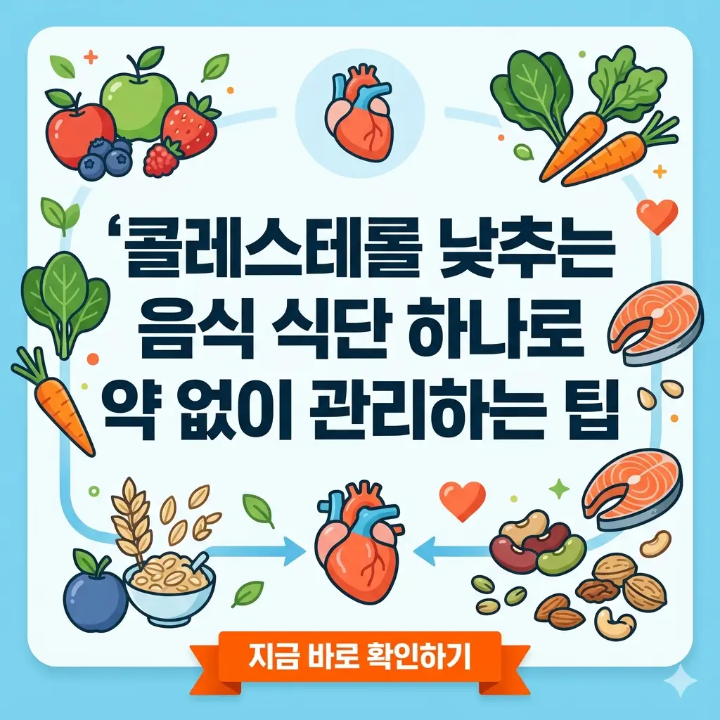콜레스테롤 낮추는 음식 식단 하나로 약 없이 관리하는 팁 1 콜레스테롤 낮추는 음식과 식단 정보로 약 없이 관리하는 건강한 식습관을 설명하는 썸네일 포스터.