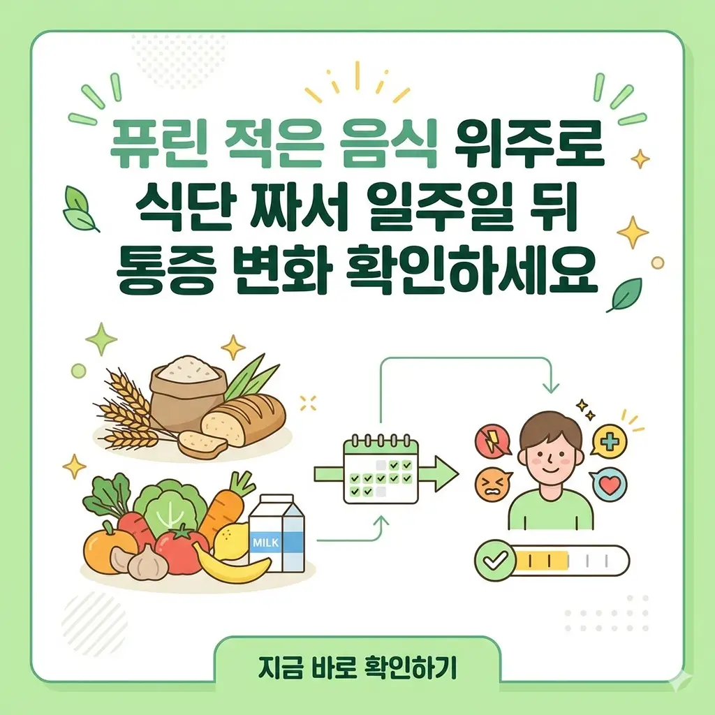 퓨린이 적은 음식으로 구성된 일주일 식단과 통증 감소 효과를 시각화한 1:1 썸네일 이미지입니다.