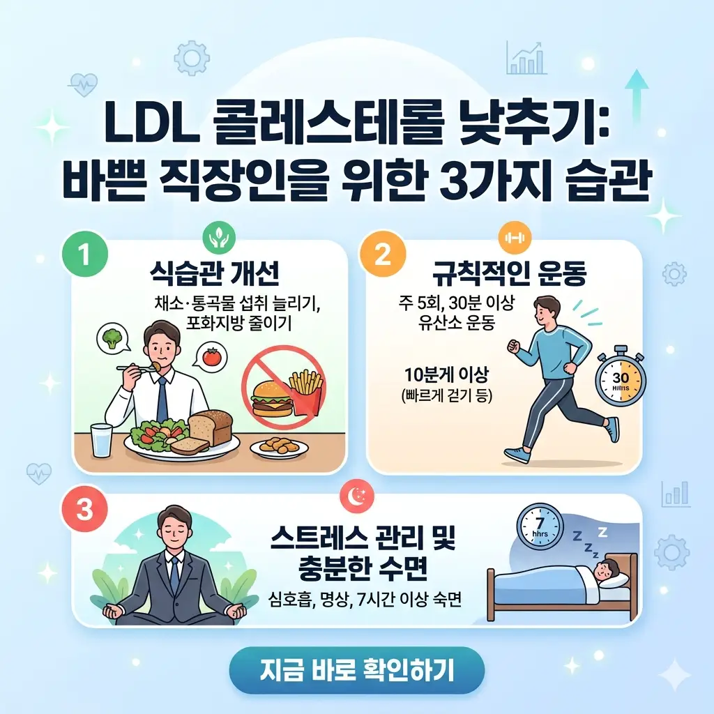 바쁜 직장인이 실천할 수 있는 식습관 개선, 규칙적인 운동, 스트레스 관리 등 LDL 콜레스테롤을 낮추는 3가지 습관을 요약한 썸네일 이미지입니다.