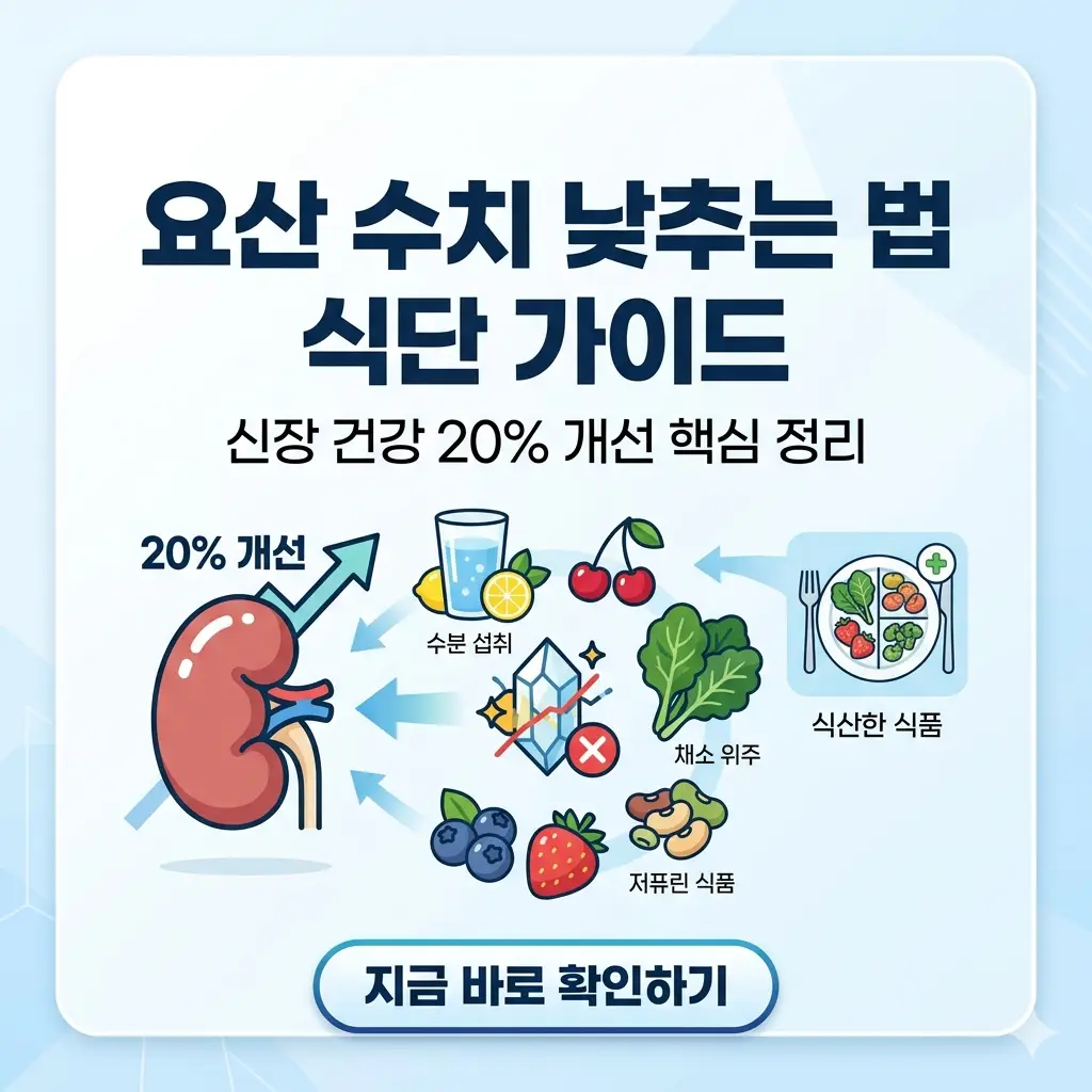 건강한 식단과 신장 아이콘으로 요산 수치를 낮춰 신장 건강을 20% 개선하는 식단 가이드 썸네일.