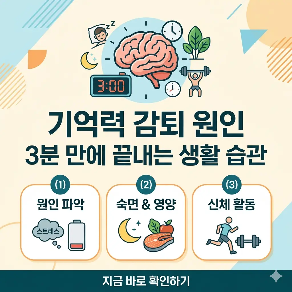 시계, 뇌, 건강한 생활 습관 아이콘이 포함된 1:1 비율의 포스터로, 기억력 감퇴 원인과 해결책을 요약한 디자인.