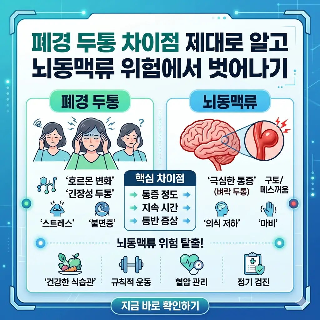 폐경 두통과 뇌동맥류의 차이점을 설명하고 뇌동맥류 예방의 중요성을 강조하는 인포그래픽 포스터.