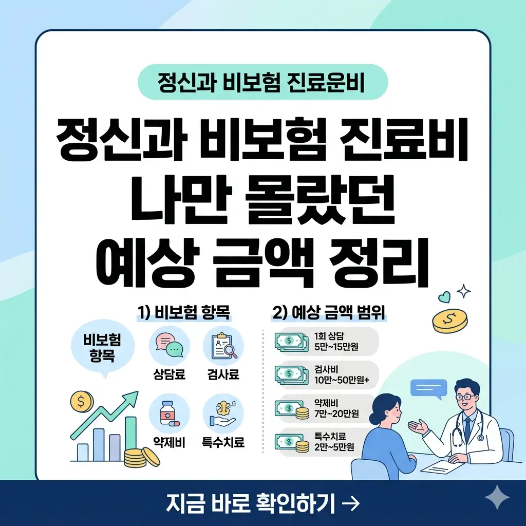 정신과 비보험 진료비 예상 금액과 항목별 비교 정보를 정리한 인포그래픽 썸네일 이미지입니다.
