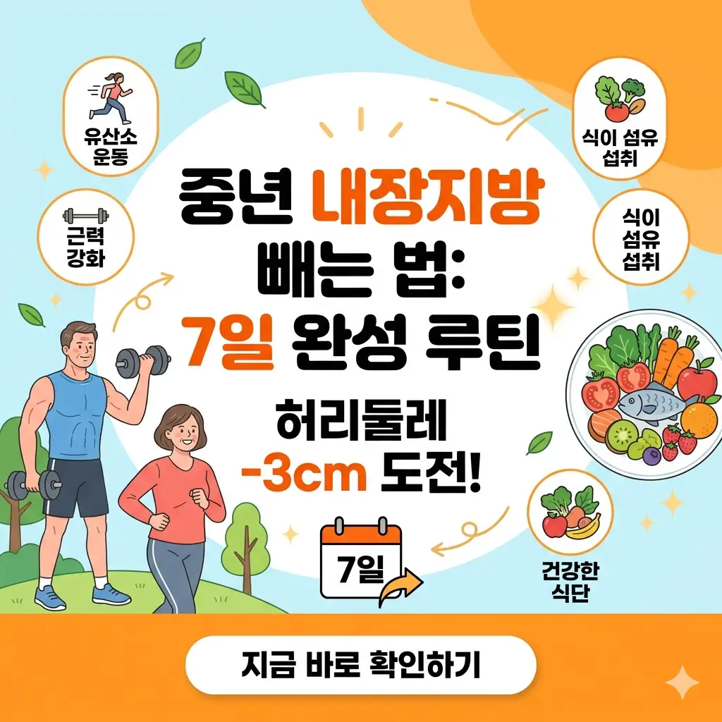 중년 남녀가 내장지방 감량 다이어트 성공을 기뻐하는 1:1 비율의 썸네일 이미지.