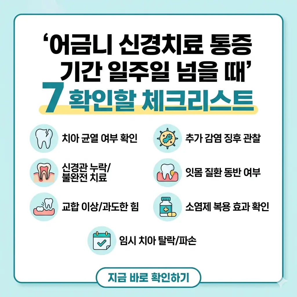어금니 신경치료 후 통증이 일주일 이상 지속될 때 점검해야 할 7가지 체크리스트 요약 이미지.