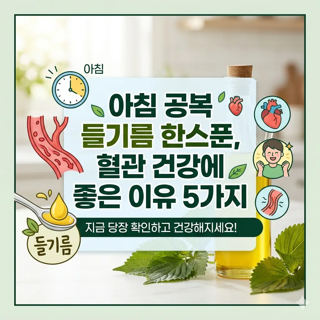 아침 공복 들기름 한스푼 섭취가 혈관 건강에 주는 5가지 긍정적인 변화를 설명한 인포그래픽