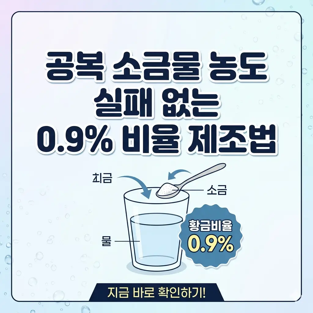 실패 없는 공복 소금물 0.9% 농도 제조법을 설명하는 깔끔한 1:1 비율 디자인 이미지.