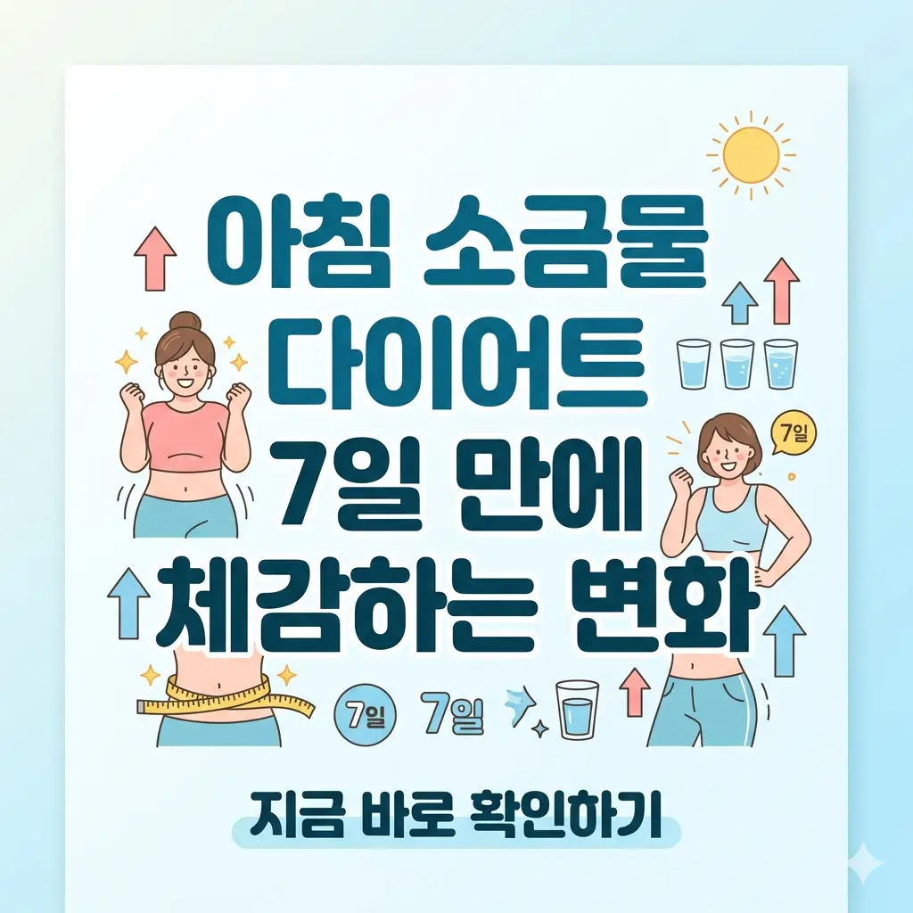 아침 소금물 다이어트 7일 후 신체 변화를 나타내는 밝은 톤의 1:1 포스터 이미지.