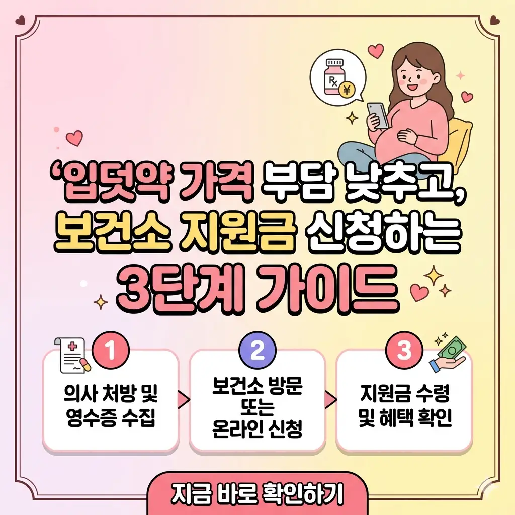 임산부가 스마트폰으로 입덧약 보건소 지원금 신청 3단계 가이드를 확인하며 환하게 웃고 있는 모습.