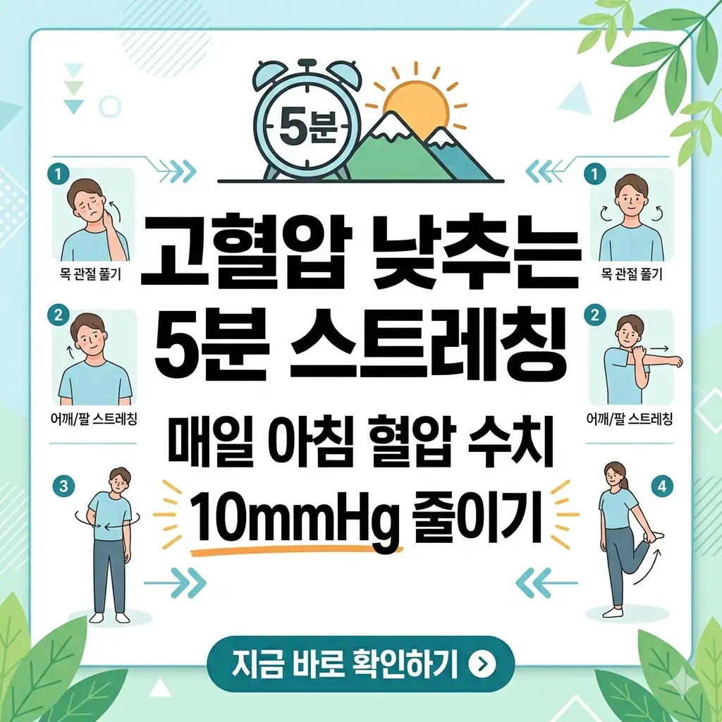 아침 5분 스트레칭으로 혈압을 10mmHg 낮추는 방법을 소개하는 밝고 명확한 인포그래픽 썸네일.