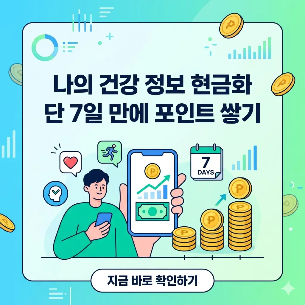 스마트폰에서 건강 데이터로 포인트를 적립해 현금처럼 사용하는 모습을 나타낸 일러스트.